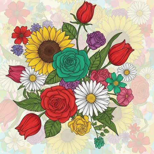 Abstract Floral Pattern: Roses, Daisies, Sunflowers & Tulips