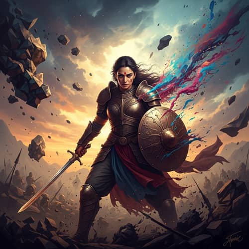 Intense Battle-Hardened Warrior in Abstract Landscape