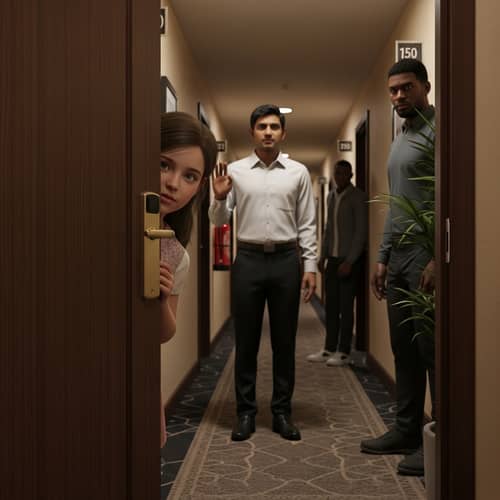 Detailed Hotel Scene: Girl Peering from Door, Men Waiting and Watching