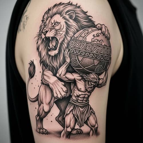 Lion & Atlas Tattoo: Majestic Ink Representing Strength