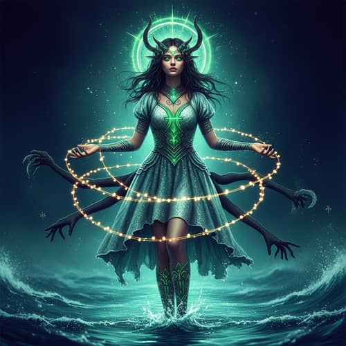 Young Pisces Warrior Woman: Glittery Fantasy in Deep Ocean Colors