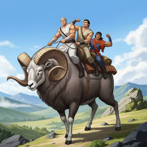 Dynamic Illustration of Three Strong Men Riding Giant Horned Sheep