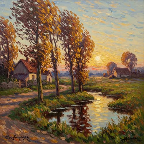 Tranquil Countryside Sunset Scene in Impressionism Style