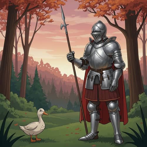 Hispanic Male Knight Guarding Duck in Silver Armor