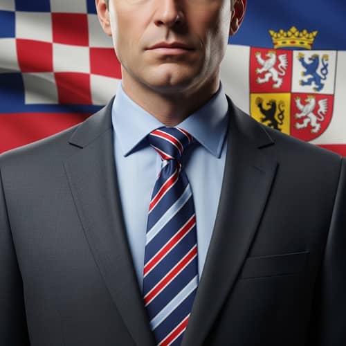 Professional Man in Charcoal Grey Suit with Striped Tie and National Flag