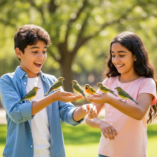 12-Year-Old Boy and Girl Playing with Birds | Joyful Nature Interaction