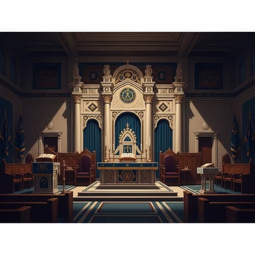 Intricately Designed Masonic Lodge Interior with Symbolic Altar