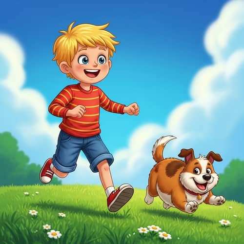 Whimsical Scene with Young Boy and Playful Dog