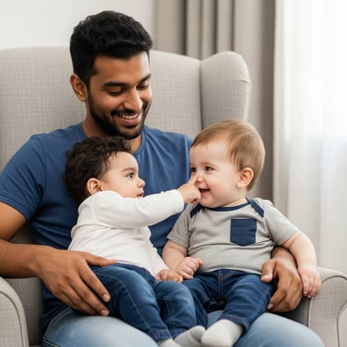 Young South Asian Father Bonding with Infant Sons | Heartwarming Scene