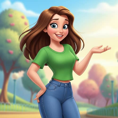 Smiling Woman in Disney Style with Green T-Shirt and Jeans