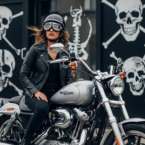 Attractive Woman on Harley Davidson Motorcycle | Edgy Skull Motifs