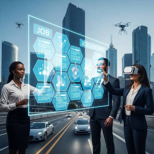 Futuristic Job Search: Holographic Digital Job Board in High-Tech Cityscape