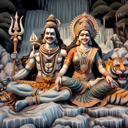 Lord Mahadev and Parvati Seated Together on Ice Stone - Serene Depiction