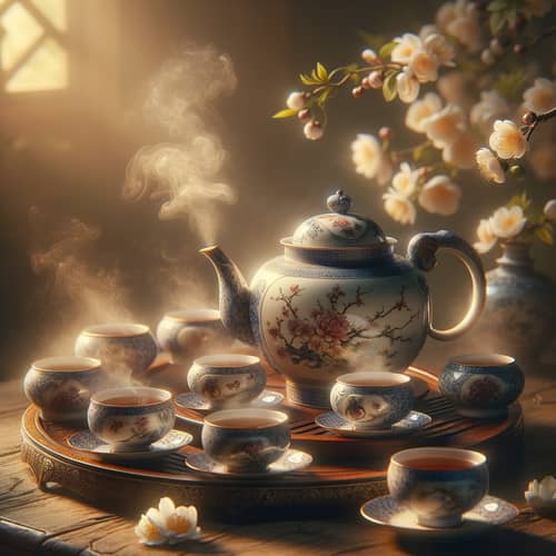 Tranquil Tea Ceremony with Porcelain Teapot and Floral Tea-cups
