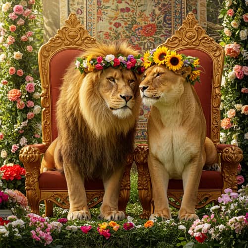 Loving Lion and Lioness on Thrones with Flowers