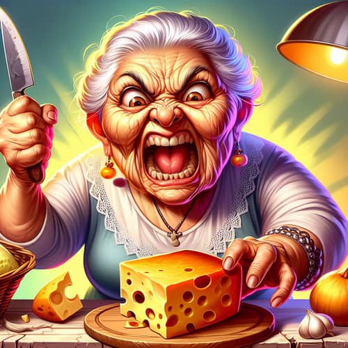 Funny Cartoon of Angry Grandmother with Cheese