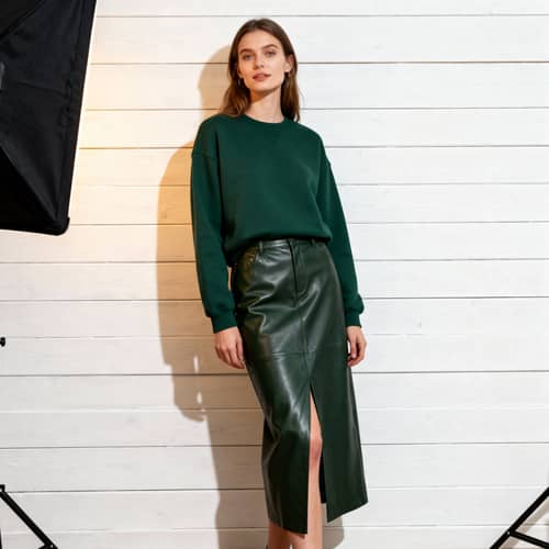 Stylish Woman in Dark Green Sweatshirt | Scandinavian Charm Stylish Woman in Dark Green Sweatshirt | Scandinavian Charm