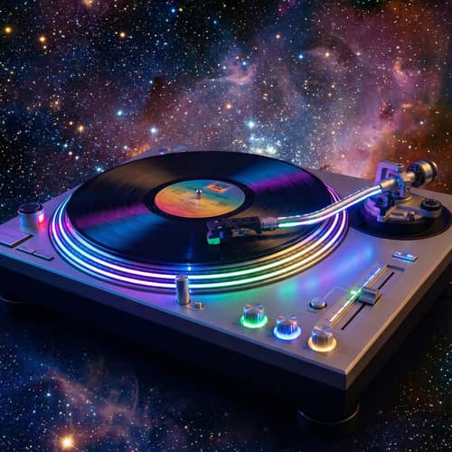 Vibrant Turntable with LED Lights & Starlit Background Vibrant Turntable with LED Lights & Starlit Background