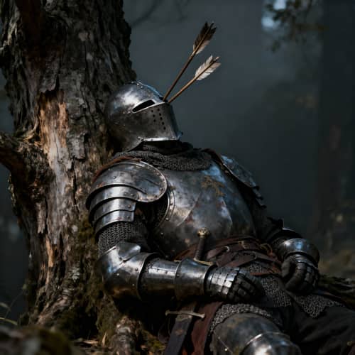Knight Dead in a Tree with Arrow Pierced Helmet