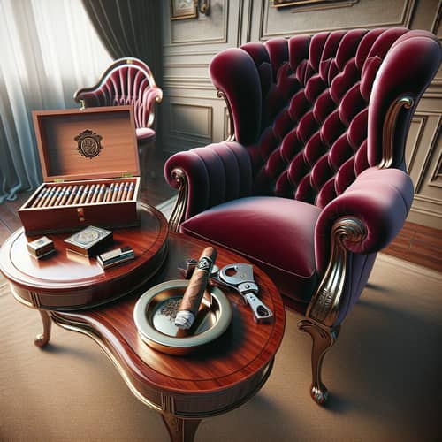 Luxurious Royal Velvet High Back Accent Chair & Wooden Table with Cigar Accessories