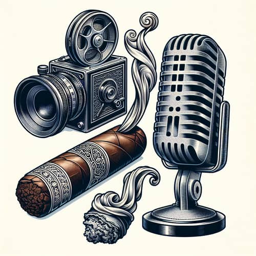 Realistic Cinematic Logo Design with Camera, Cigar & Microphone