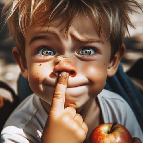 Young Caucasian Boy Picking Nose Outdoors - Playful Scene