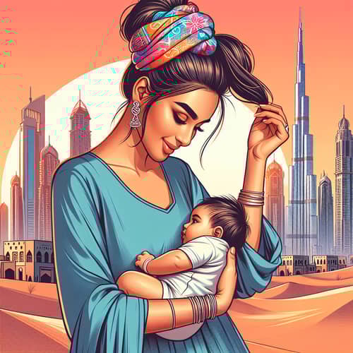 South Asian Woman Tying Hair with Baby in Dubai