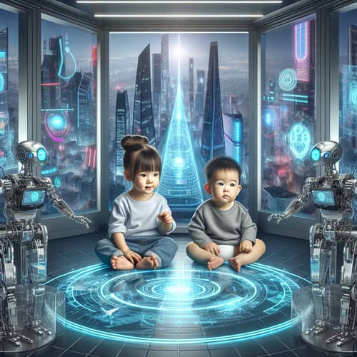 Future Kids: Asian Baby Boy & Caucasian Baby Girl in High-Tech Environment