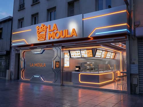 Futuristic Fast Food Restaurant Storefront Sign Design