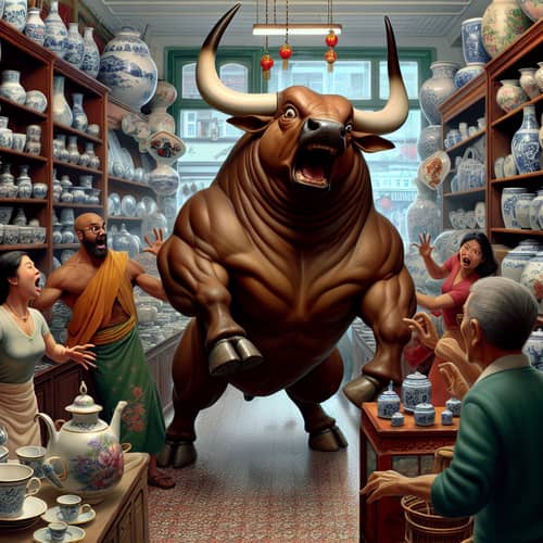 Lively Chinashop with Cultural Artifacts & Comical Bull