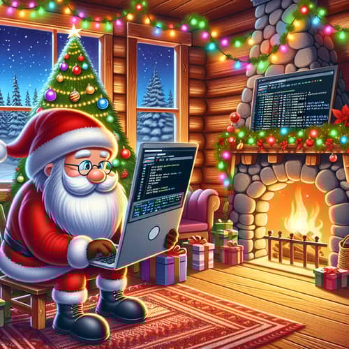 Festive Santa Claus Cybersecurity Scene in Nordic Cabin