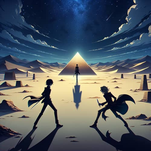 Elaborate Anime-Style Art: Duel in Desert Night - 1280x720 PNG