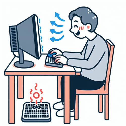 Joyful Computer User with Cooling Pad on Table