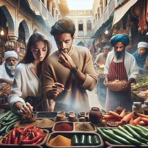 Cultural Marketplace Exploration with South Asian Man and Hispanic Woman