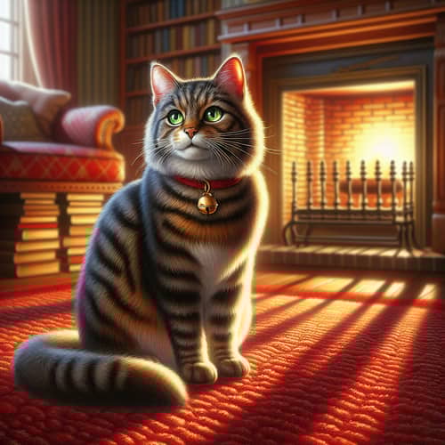 Tabby Cat Sitting on Plush Red Carpet | Cozy Home Interior