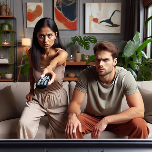 Intense Remote Battle on Beige Couch in Modern Living Room
