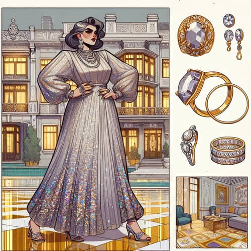Rich Woman in Silver White Gold Dress | Opulent Mansion - Pixar Themed