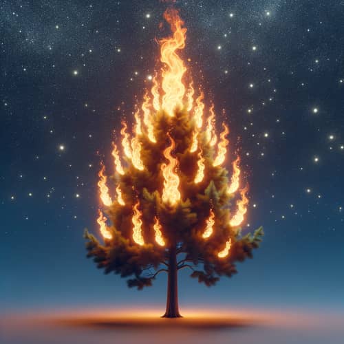 Lush Tree with Flame Pattern: A Magical Night Sky Scene