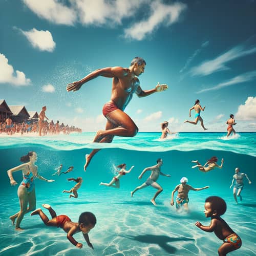 Swimming in Turquoise Sea - Diverse Group Enjoys Ocean Swim