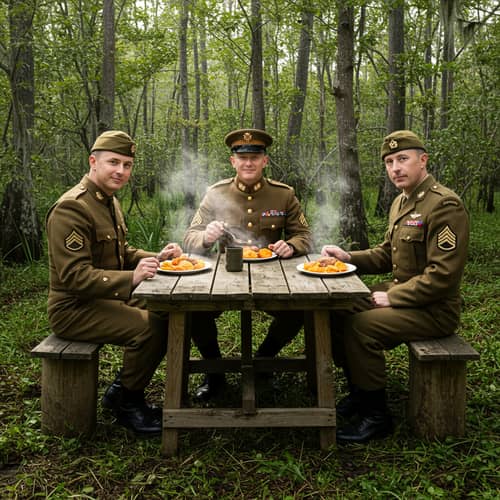British and American Officers Enjoy Dinner at Swamps