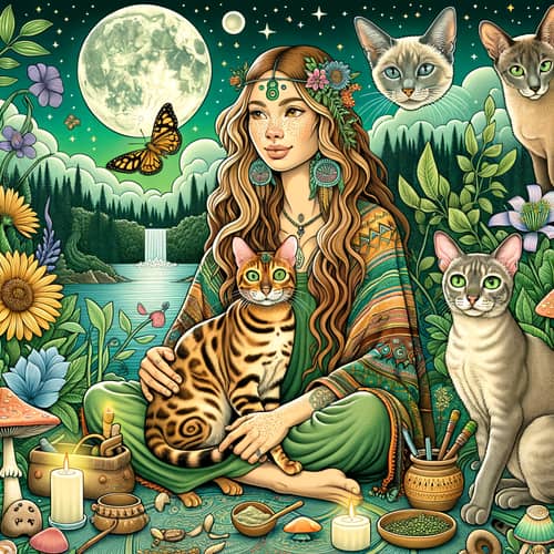 Golden Bengal Cat with Shaman Woman and Animal Companions in Lush Natural Setting