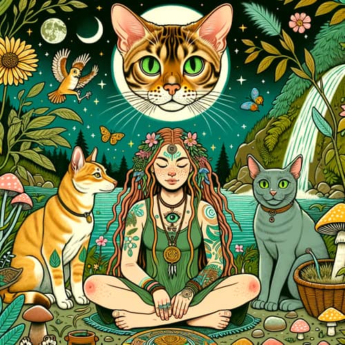 Golden Bengal Cat and Shaman Woman in a Green Tone Scene