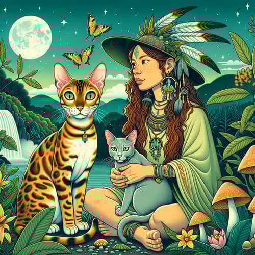Golden Bengal Cat and Shaman Woman | Ethereal Nature Scene