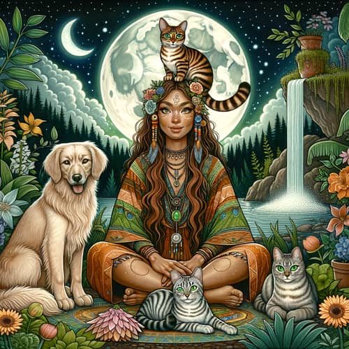 Mystical Scene: Bengali Cat and Shamanic Woman Under Full Moon