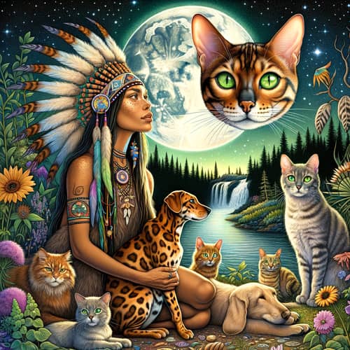 Mystical Scene with Bengal Cat, Shamanic Woman, and Animals in Nature
