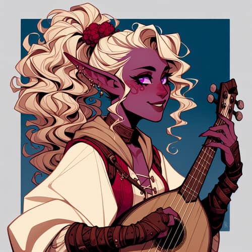 Female Tiefling Character Playing Lute | Rogue Attire Fantasy Art