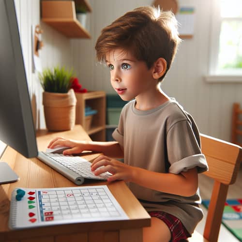 Young Boy Using Modern Desktop Computer at Wooden Desk