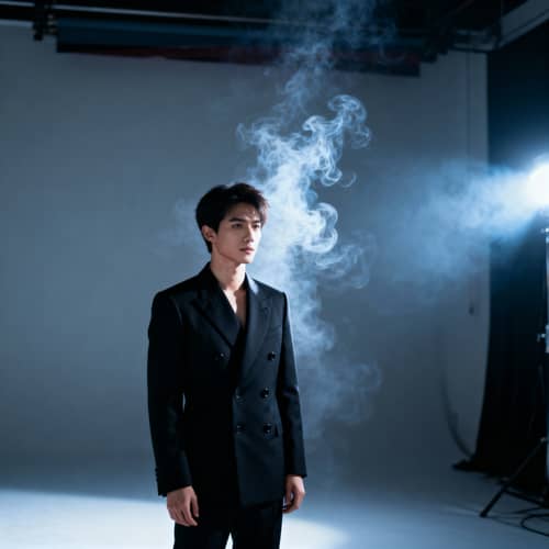 Stylish Young Man in Black Suit with Smoke Effect
