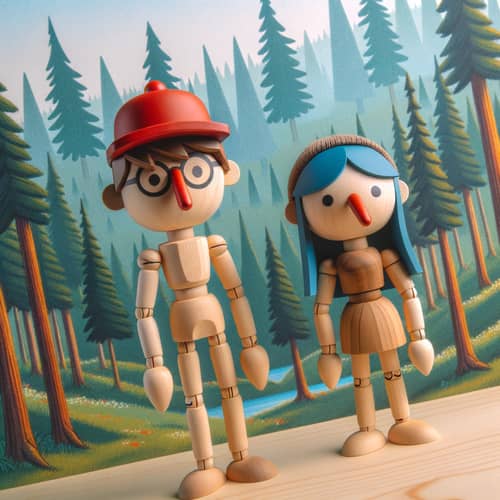 Wooden Boy and Blue-Haired Girl Characters in Forest