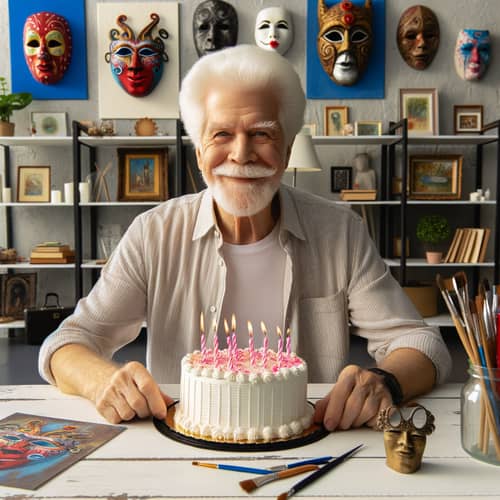 Elderly American Man Celebrating Birthday with Passion for Masks and Painting